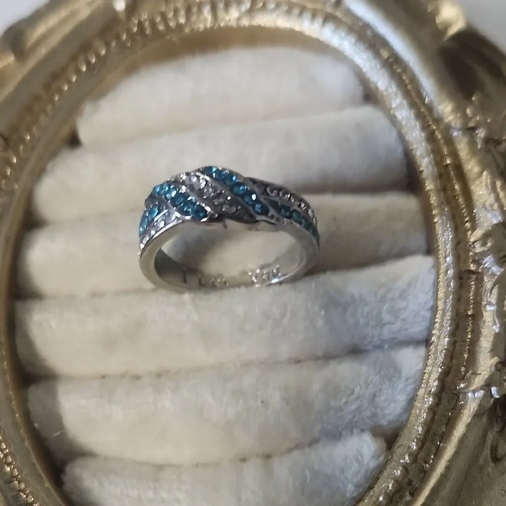 Ring. Silver Tone Blue & Clear Love Knot Crystals 